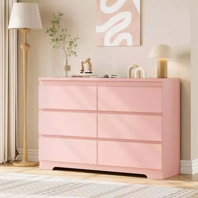 Acekool Modern Pink 6 Drawer Dresser, Wide Handle-Free Chest, Double Wood Storage Organizer for Bedroom, Living Room, Entryway