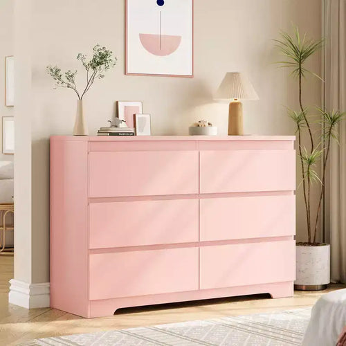 Acekool Modern Pink 6 Drawer Dresser, Wide Handle-Free Chest, Double Wood Storage Organizer for Bedroom, Living Room, Entryway