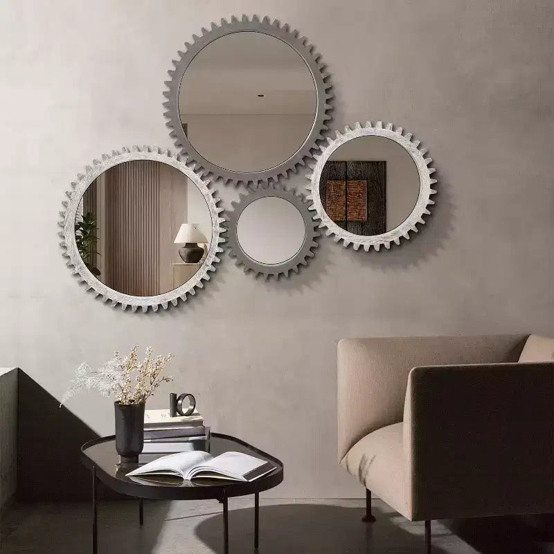 TUYOHW Industrial Style Solid Wood Gear Shape Wall Mirror Decorative Mirror for Bedroom,Living Room,Entryway,Bathroom