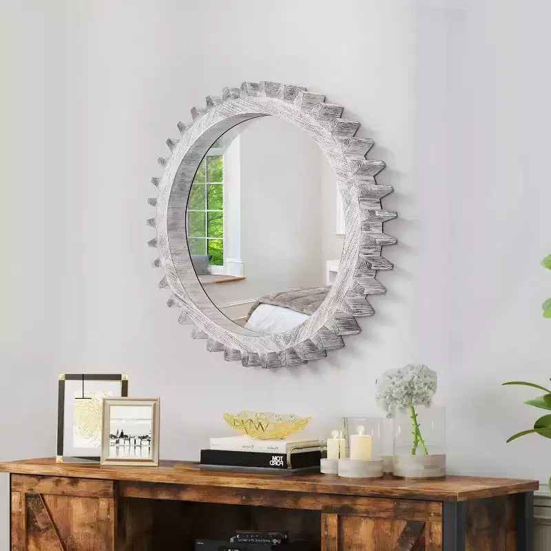 TUYOHW Industrial Style Solid Wood Gear Shape Wall Mirror Decorative Mirror for Bedroom,Living Room,Entryway,Bathroom