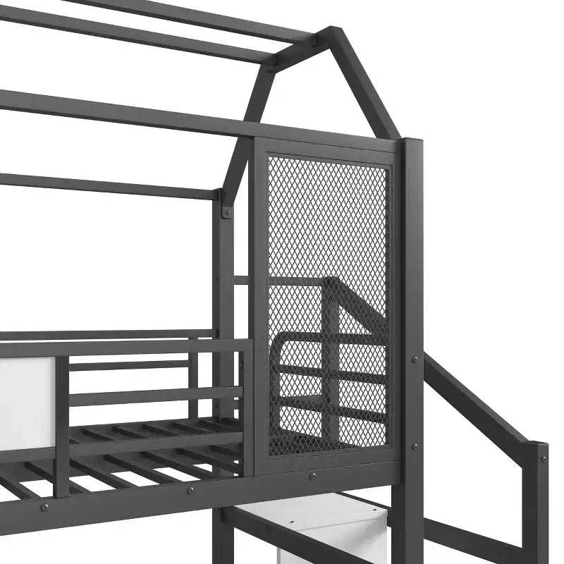 Bellemave Twin House Loft Bed with Slide & Stairs, Metal Playhouse Bed with Storage Shelves, Guardrails, Noise-Free Design, Black