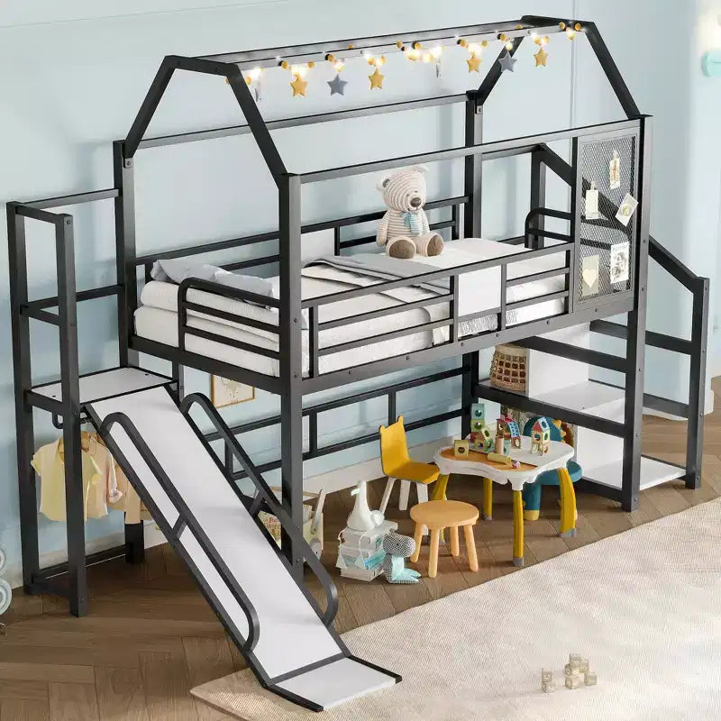 Bellemave Twin House Loft Bed with Slide & Stairs, Metal Playhouse Bed with Storage Shelves, Guardrails, Noise-Free Design, Black