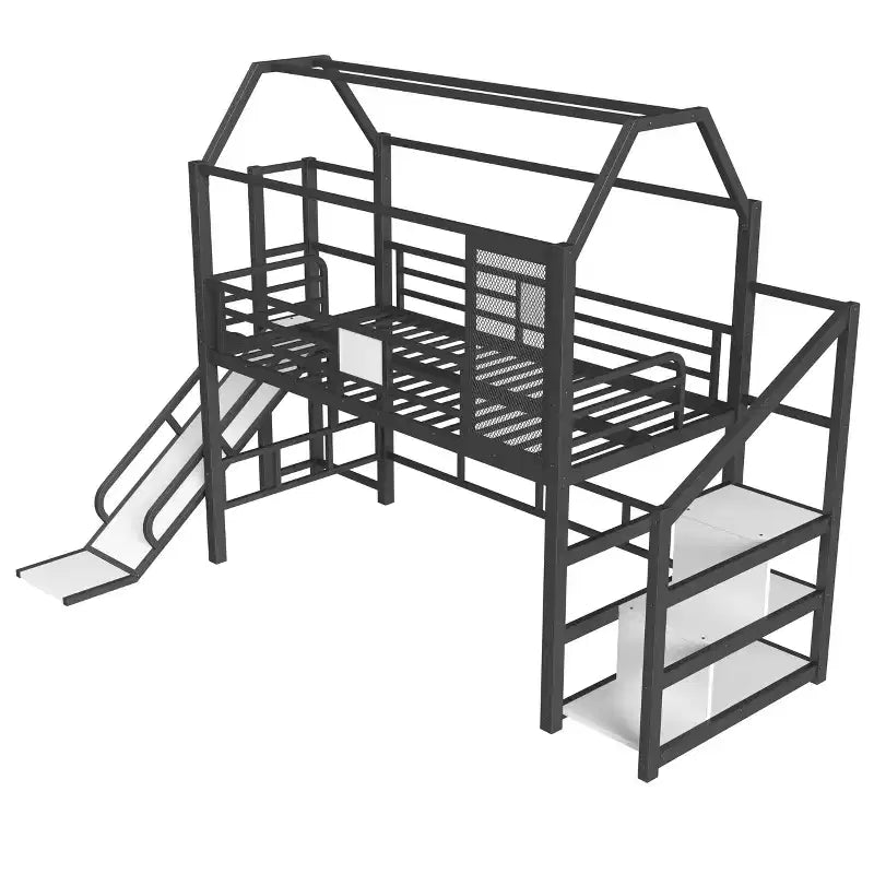 Bellemave Twin House Loft Bed with Slide & Stairs, Metal Playhouse Bed with Storage Shelves, Guardrails, Noise-Free Design, Black