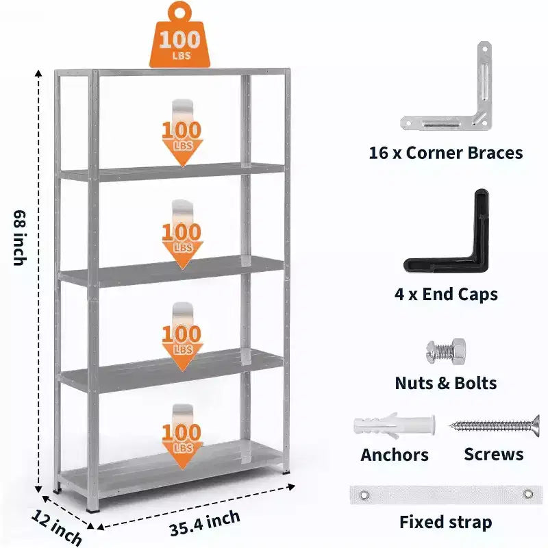 5 Tier Heavy Duty Steel Shelving Unit,500 lbs Capacity Garage Storage Shelves with Adjustable Height,Metal Industrial Shelves for Indoor Outdoor