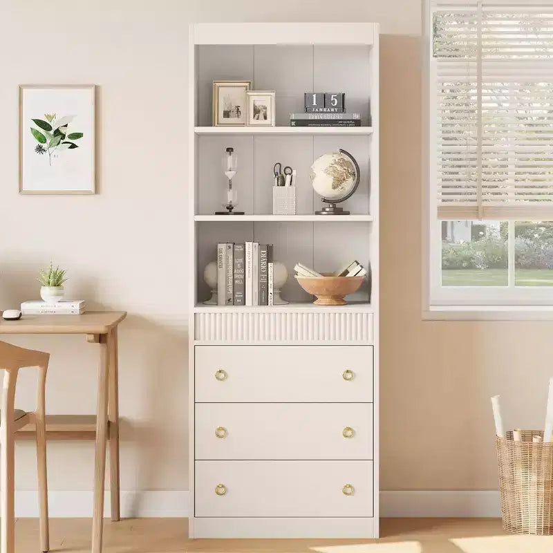 Fluted Bookcase with Drawers, 70.8 6-Tier White Bookshelf, Waved Design Storage Cabinet & Open Shelf for Living Room Office