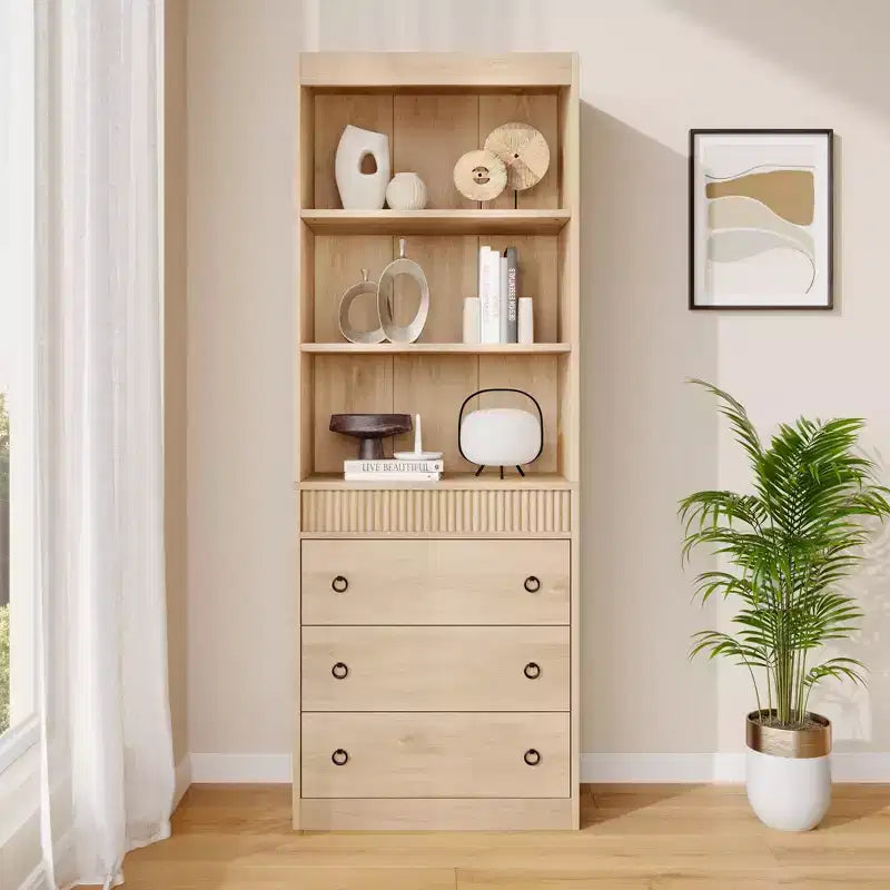 Fluted Bookcase with Drawers, 70.8 6-Tier White Bookshelf, Waved Design Storage Cabinet & Open Shelf for Living Room Office