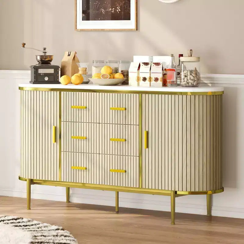 59 Sideboard Buffet Cabinet, Coffee Bar Cabinet with Sliding Door & 6 Drawers, Wood Credenza Console Table, Floor Cupboard Cabinet for Kitchen