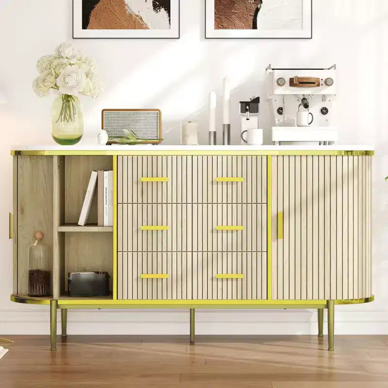 59 Sideboard Buffet Cabinet, Coffee Bar Cabinet with Sliding Door & 6 Drawers, Wood Credenza Console Table, Floor Cupboard Cabinet for Kitchen