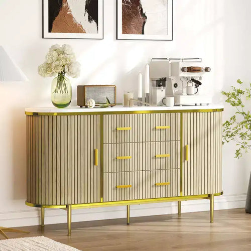 59 Sideboard Buffet Cabinet, Coffee Bar Cabinet with Sliding Door & 6 Drawers, Wood Credenza Console Table, Floor Cupboard Cabinet for Kitchen