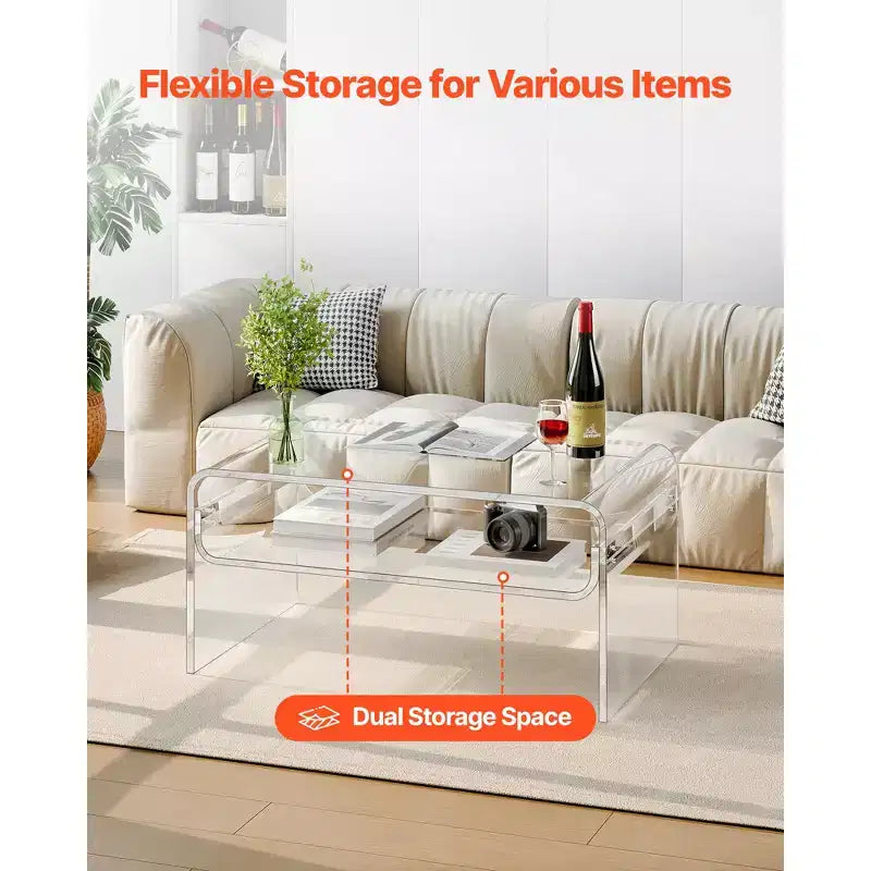 VEVOR Acrylic Coffee Table, 2 Tiers Center Table with Storage Shelf, Modern Rectangle Acrylic Coffee Desk,19.7 x 31.5 x 15 in, Clear