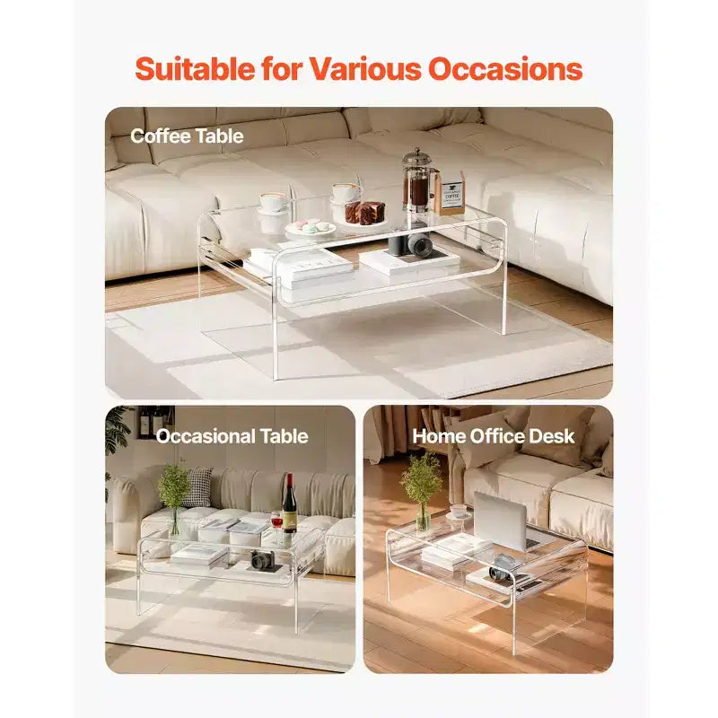 VEVOR Acrylic Coffee Table, 2 Tiers Center Table with Storage Shelf, Modern Rectangle Acrylic Coffee Desk,19.7 x 31.5 x 15 in, Clear