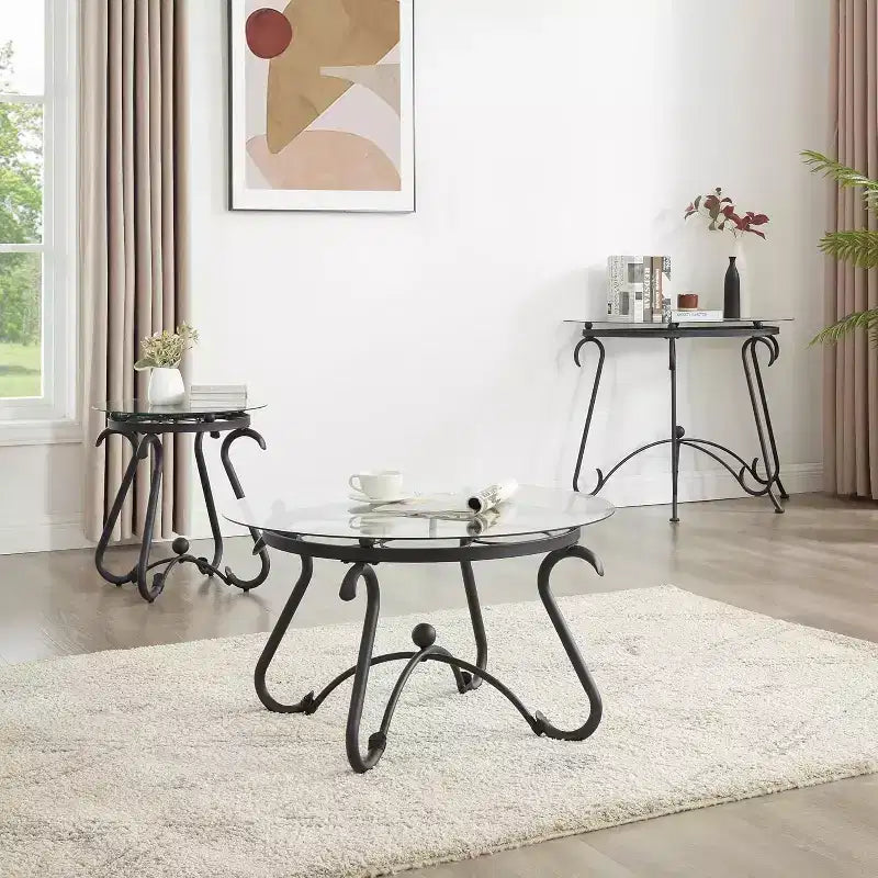 Tempered Glass Coffee Table with Metal Legs, Rustic Design Sofa Table, Sturdy Console Table for Home, Office, and Living Room.