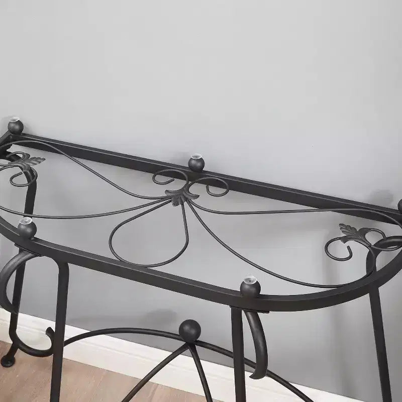 Tempered Glass Coffee Table with Metal Legs, Rustic Design Sofa Table, Sturdy Console Table for Home, Office, and Living Room.