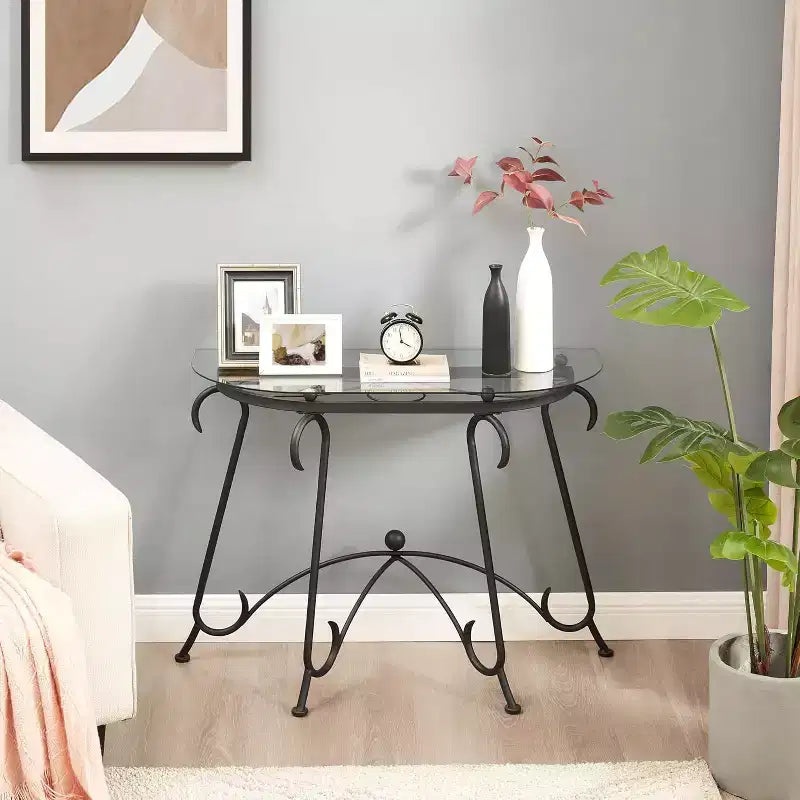 Tempered Glass Coffee Table with Metal Legs, Rustic Design Sofa Table, Sturdy Console Table for Home, Office, and Living Room.