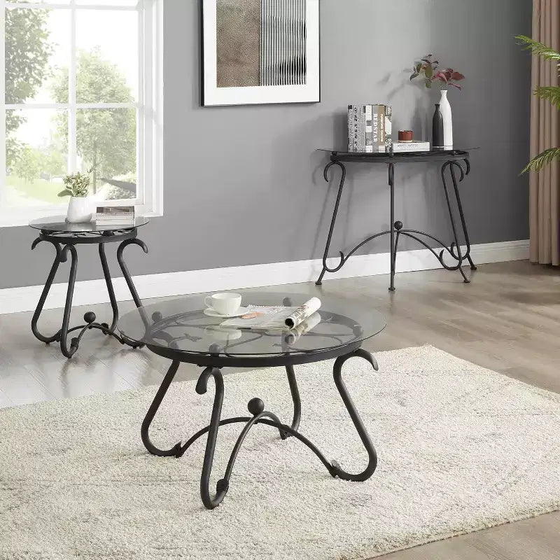 Tempered Glass Coffee Table with Metal Legs, Rustic Design Sofa Table, Sturdy Console Table for Home, Office, and Living Room.