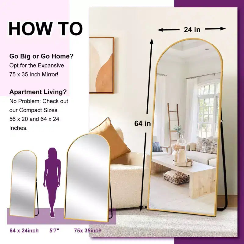 PexFix Full Length Mirror with Stand Arched Full Body Mirror Aluminum Frame Floor Freestanding Hanging Leaning Mounted for Bedroom Living Room