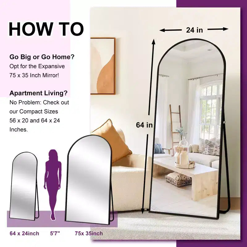 PexFix Full Length Mirror with Stand Arched Full Body Mirror Aluminum Frame Floor Freestanding Hanging Leaning Mounted for Bedroom Living Room
