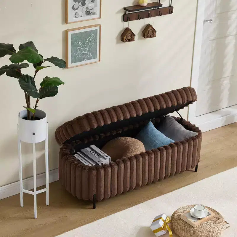 TUYOHW 49.2H Fluffy Ottoman Bench with Metal Legs,Faux Fur End-of-Bed Bench for Living Room,Wide Round Entryway Bench,275lbs Capacity