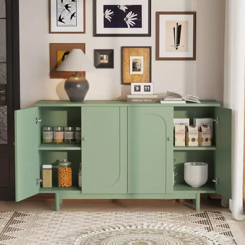 TUYOHW 4-Door Intaglio Storage Cabinet,Console Table with Pine Legs,Solid Wood Pulls,Adjustable Shelf,Sideboard for Living Room,Bedroom,Kitchen