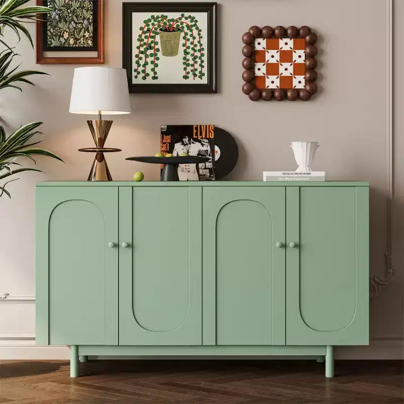 TUYOHW 4-Door Intaglio Storage Cabinet,Console Table with Pine Legs,Solid Wood Pulls,Adjustable Shelf,Sideboard for Living Room,Bedroom,Kitchen