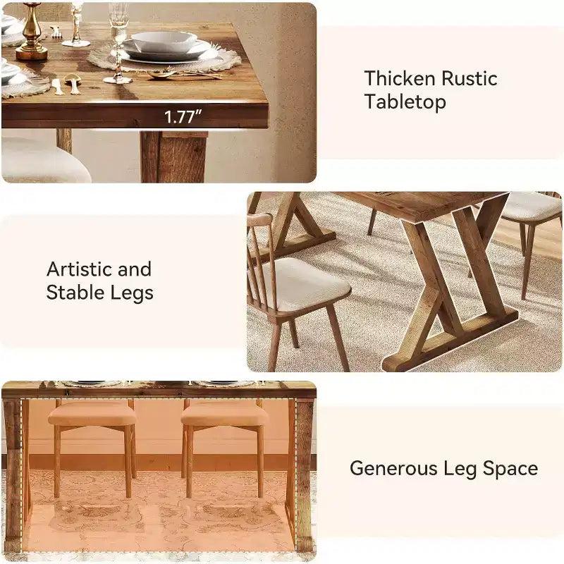 Lantine Solid Wood Dining Table for 4-6 People, 63 Inches Farmhouse Rectangular Kitchen Dinner Table for Living Room, Dining Room