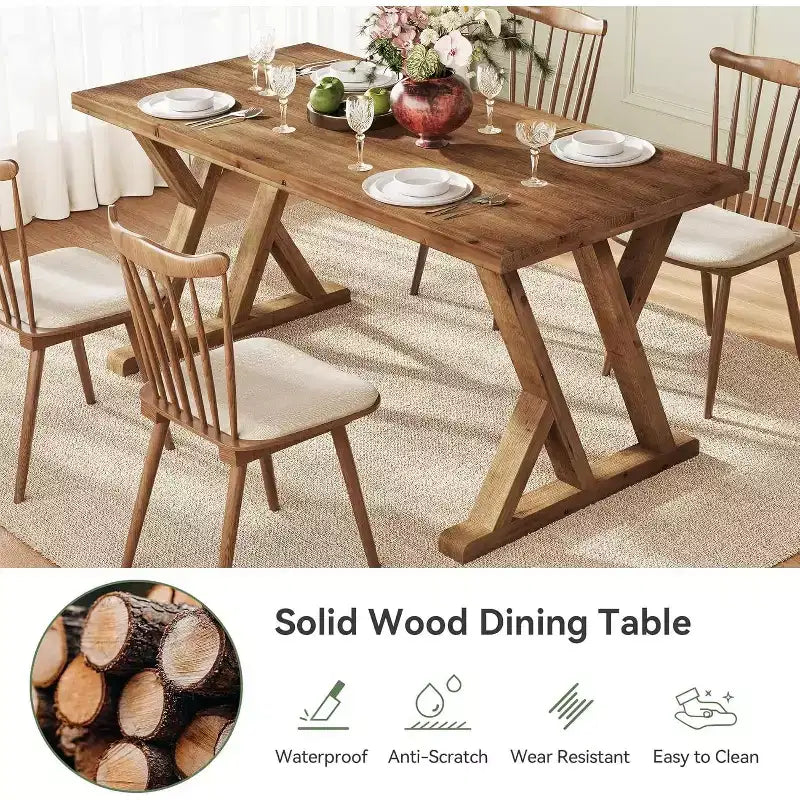 Lantine Solid Wood Dining Table for 4-6 People, 63 Inches Farmhouse Rectangular Kitchen Dinner Table for Living Room, Dining Room