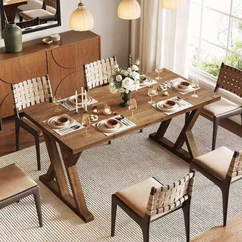 Lantine Solid Wood Dining Table for 4-6 People, 63 Inches Farmhouse Rectangular Kitchen Dinner Table for Living Room, Dining Room