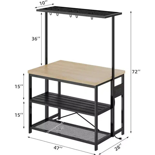 47 inch Kitchen Island with Storage, Large Bakers Rack Stand with 3-Tier Shelves, 5 Hooks for Pantry Organization, Kitchen Counter Prep Table