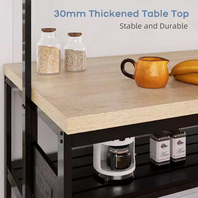 47 inch Kitchen Island with Storage, Large Bakers Rack Stand with 3-Tier Shelves, 5 Hooks for Pantry Organization, Kitchen Counter Prep Table