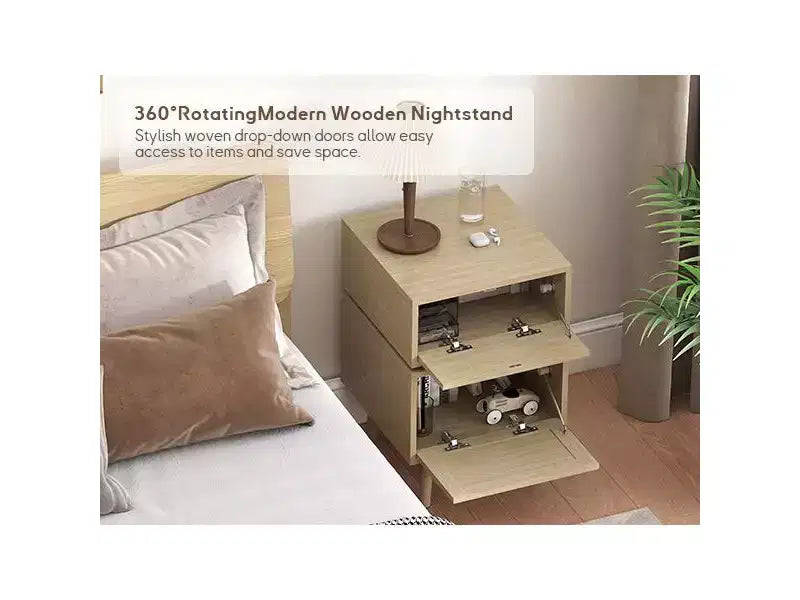 Bestier Modern Rotating Side Table with Woven Drop-Down Door, Ample Storage Space