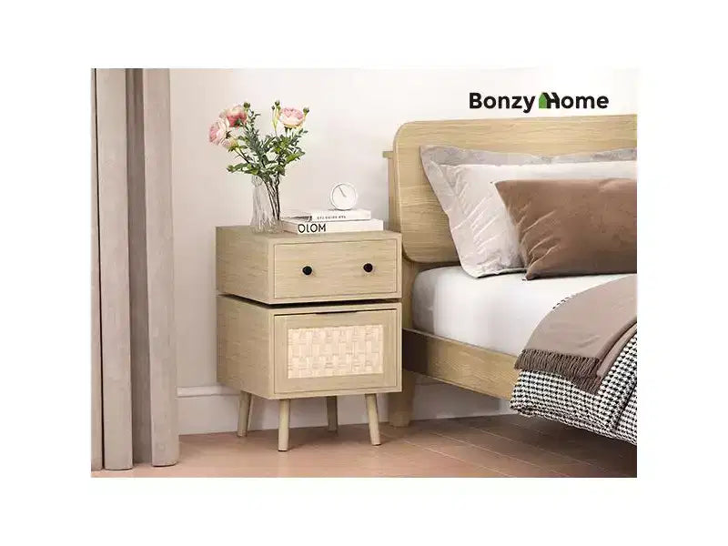 Bestier Modern Rotating Side Table with Woven Drop-Down Door, Ample Storage Space