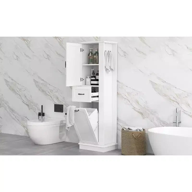 Tall Tilt-Out Laundry Cabinet, Narrow Bathroom Storage Cabinet with Hidden Laundry Hamper Basket, Hooks, Adjustable Shelf, Drawers