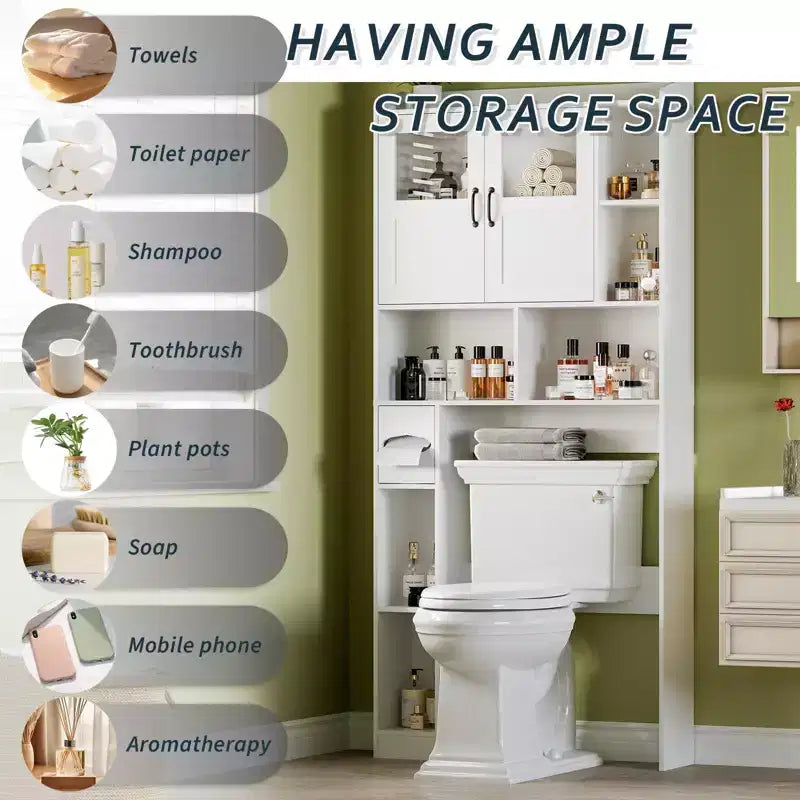 COZONY Over Toilet Storage Cabinet, Freestanding Bathroom Organizer w/ Adjustable Shelves & Glass Doors