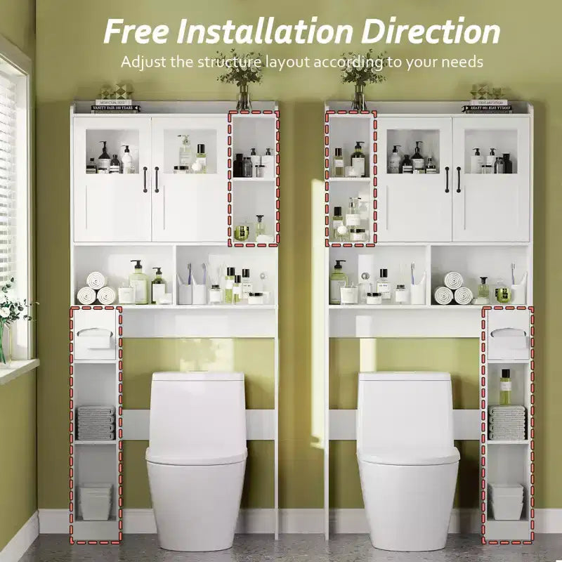COZONY Over Toilet Storage Cabinet, Freestanding Bathroom Organizer w/ Adjustable Shelves & Glass Doors