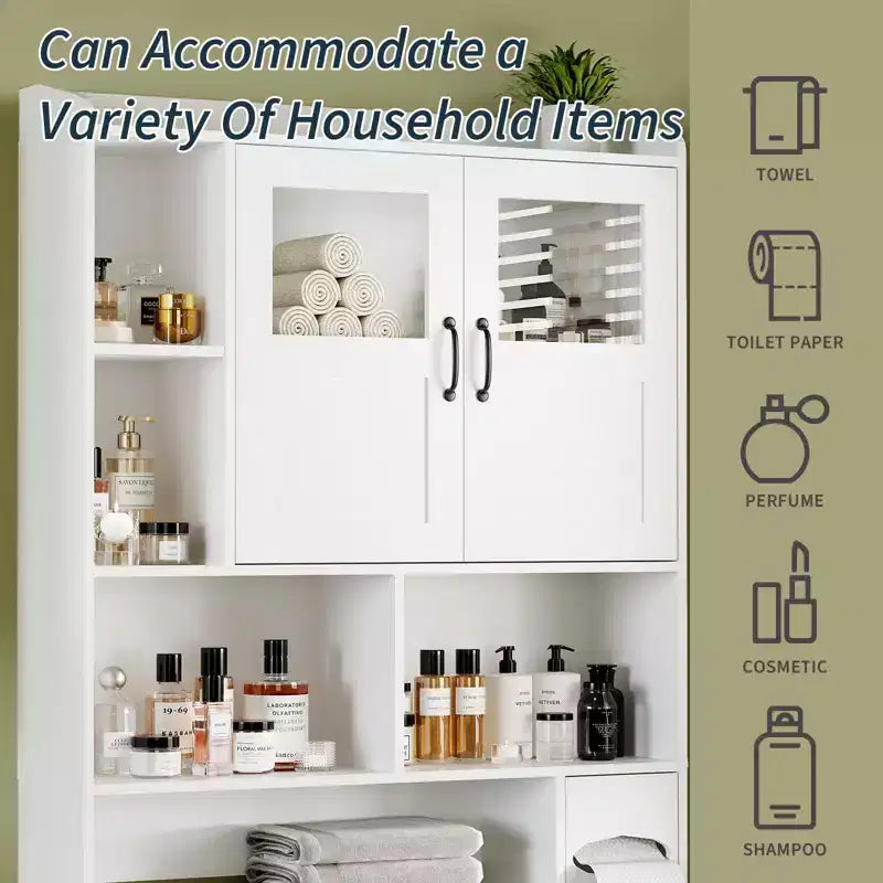 COZONY Over Toilet Storage Cabinet, Freestanding Bathroom Organizer w/ Adjustable Shelves & Glass Doors