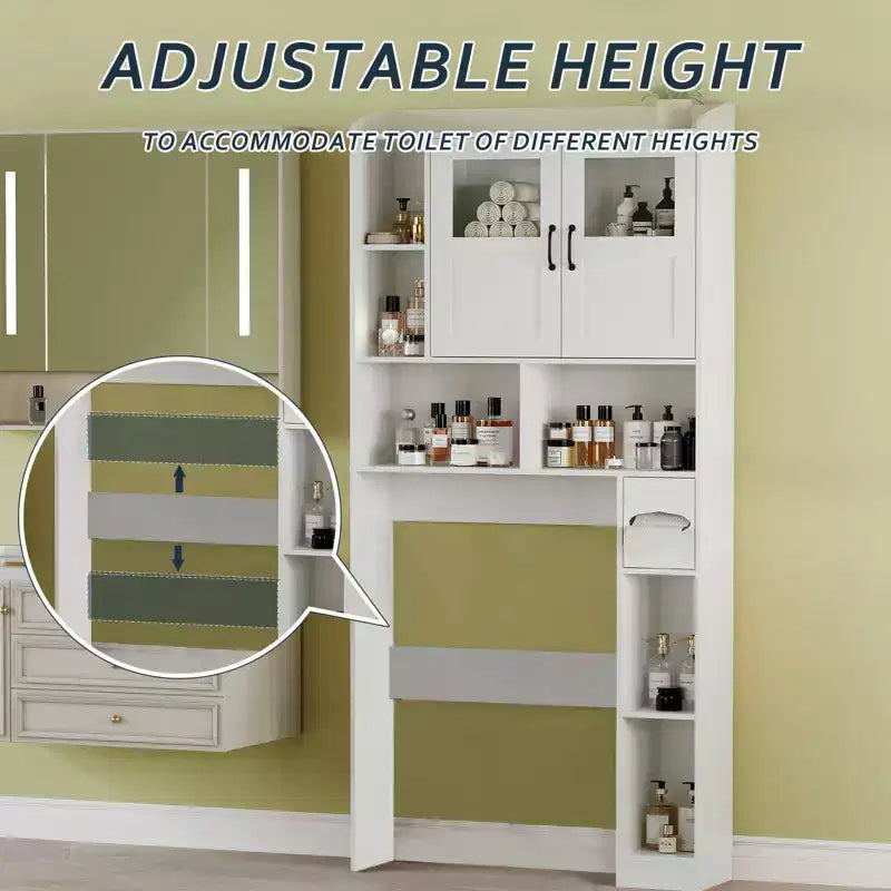 COZONY Over Toilet Storage Cabinet, Freestanding Bathroom Organizer w/ Adjustable Shelves & Glass Doors