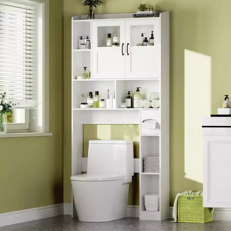 COZONY Over Toilet Storage Cabinet, Freestanding Bathroom Organizer w/ Adjustable Shelves & Glass Doors