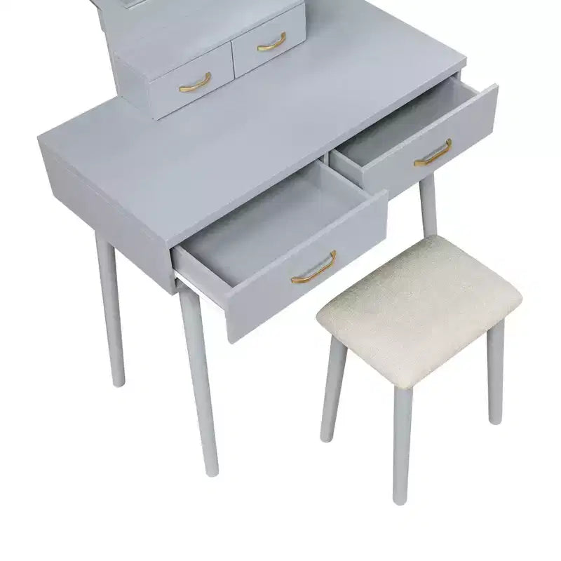 Coiffeuse moderne en bois avec miroir lumineux LED, tiroirs de rangement et tabouret