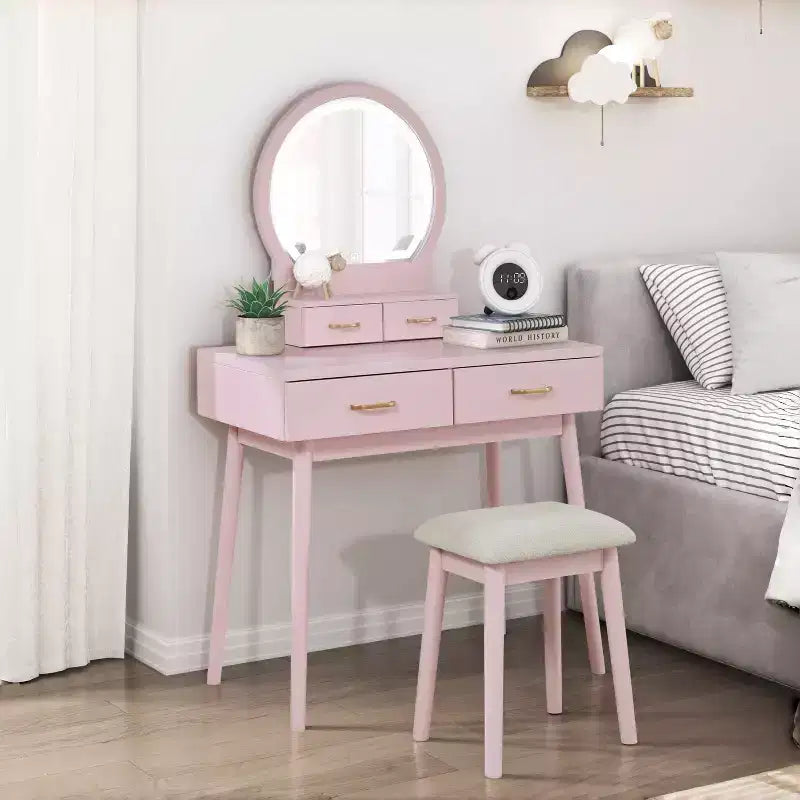 Coiffeuse moderne en bois avec miroir lumineux LED, tiroirs de rangement et tabouret