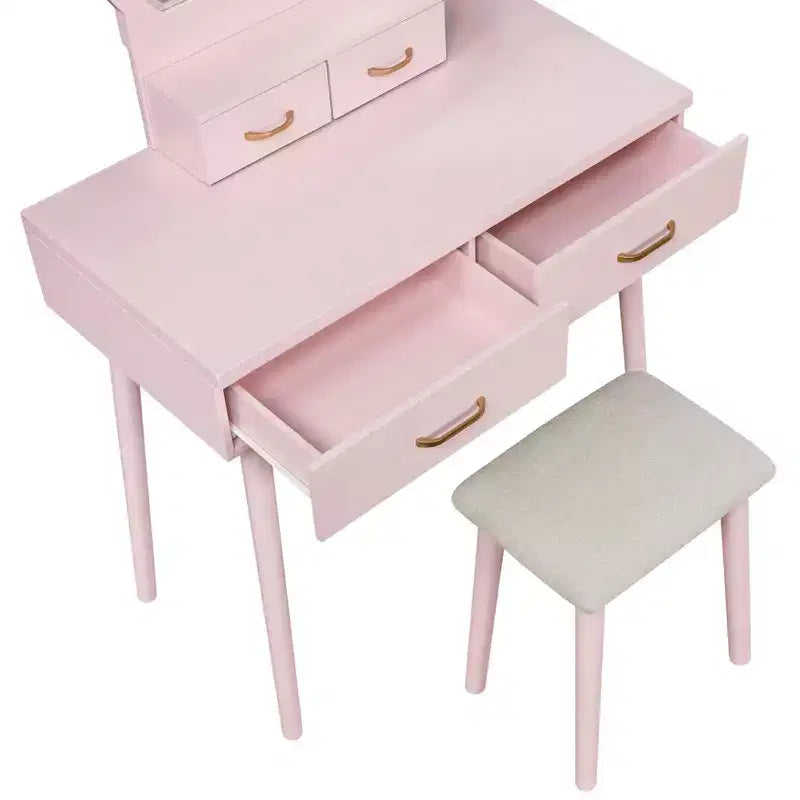 Coiffeuse moderne en bois avec miroir lumineux LED, tiroirs de rangement et tabouret