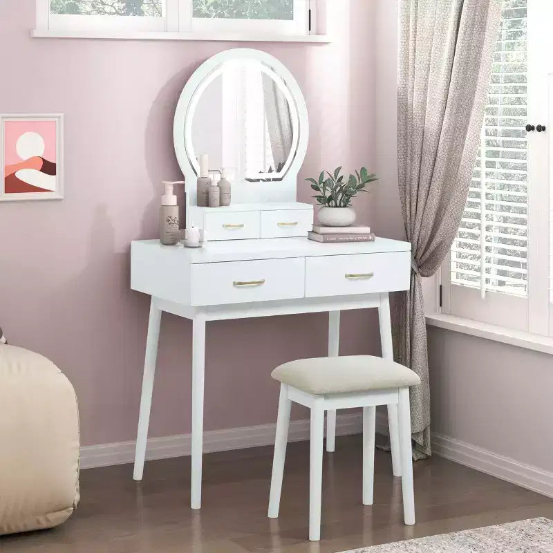 Coiffeuse moderne en bois avec miroir lumineux LED, tiroirs de rangement et tabouret