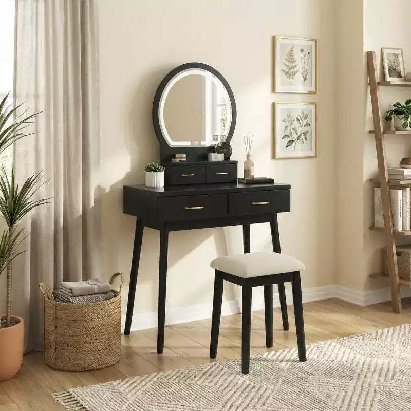 Coiffeuse moderne en bois avec miroir lumineux LED, tiroirs de rangement et tabouret