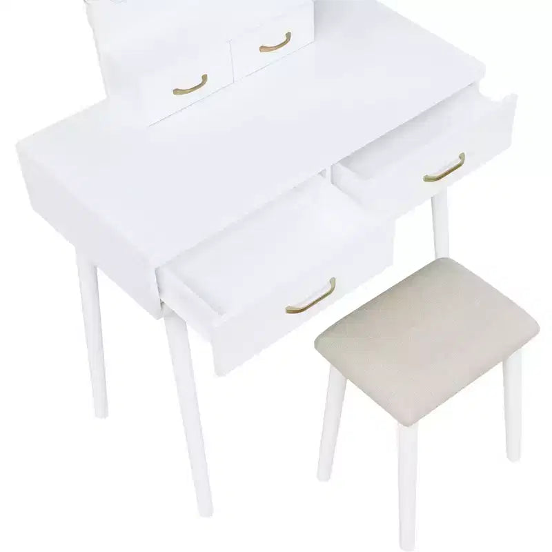 Coiffeuse moderne en bois avec miroir lumineux LED, tiroirs de rangement et tabouret