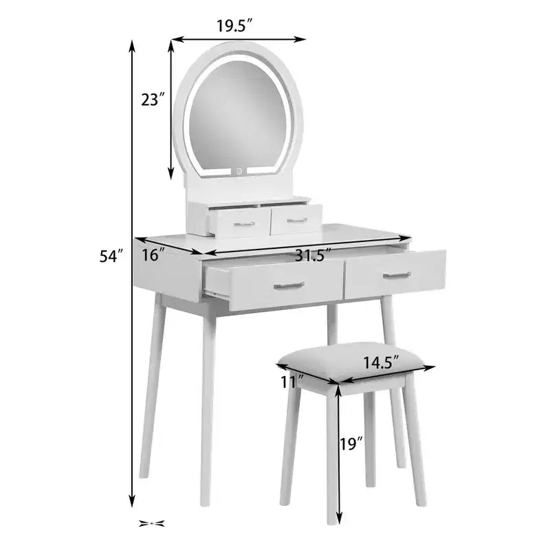 Coiffeuse moderne en bois avec miroir lumineux LED, tiroirs de rangement et tabouret