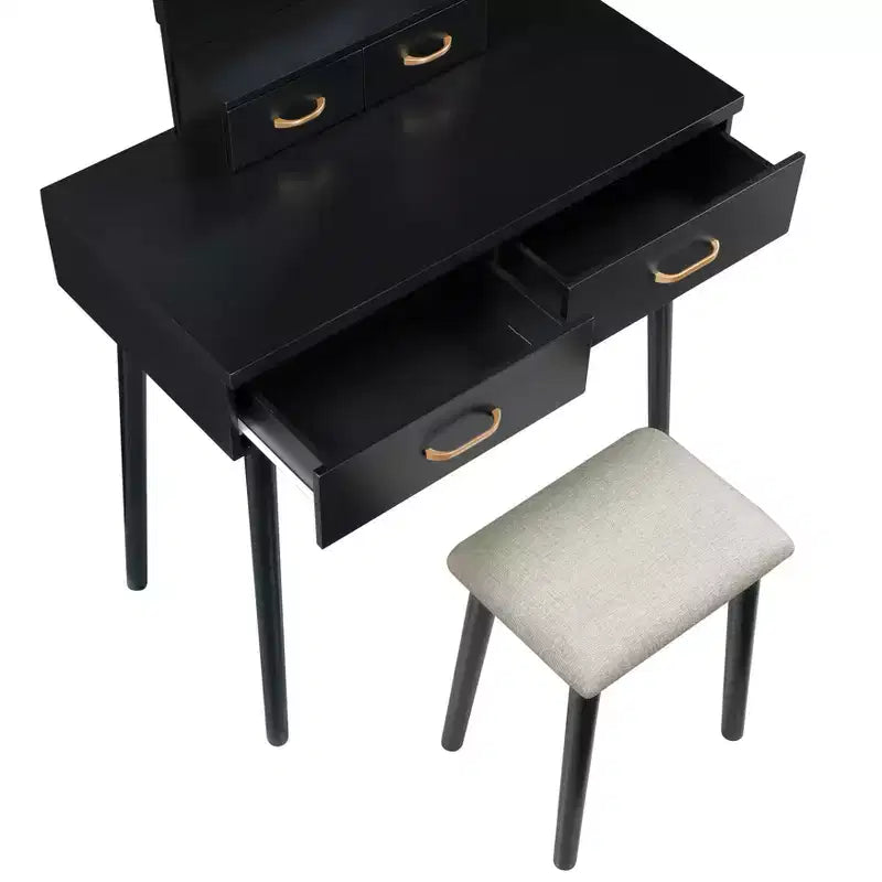 Coiffeuse moderne en bois avec miroir lumineux LED, tiroirs de rangement et tabouret
