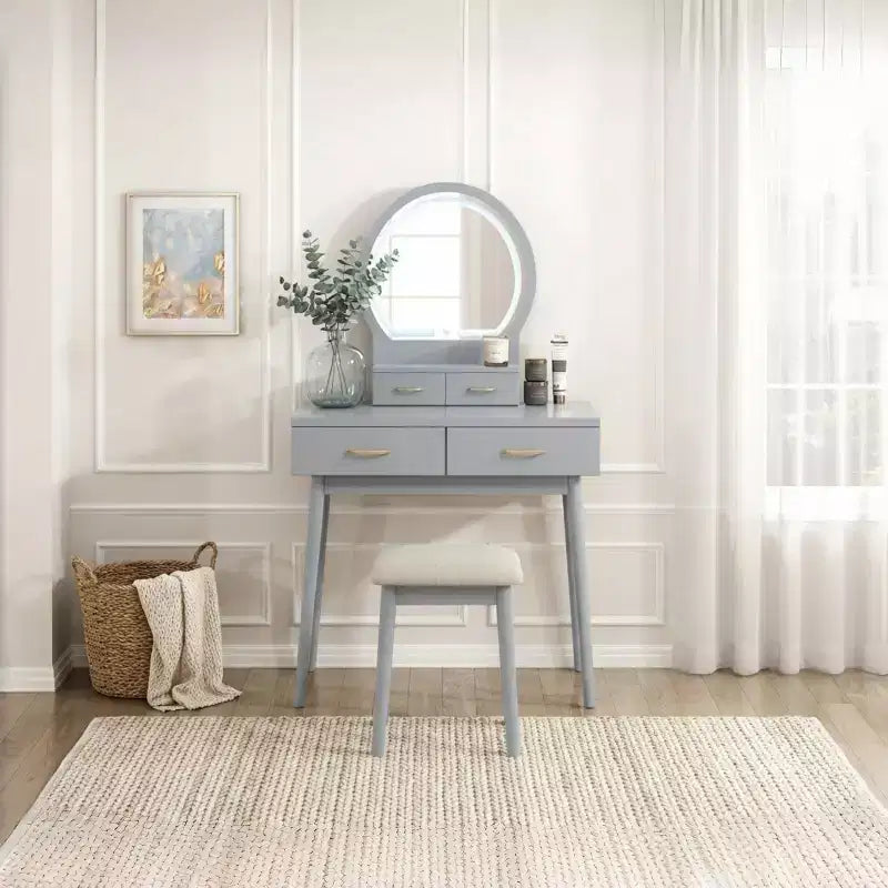 Coiffeuse moderne en bois avec miroir lumineux LED, tiroirs de rangement et tabouret
