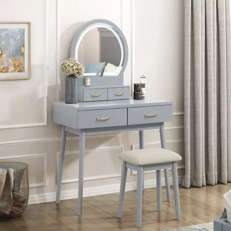 Coiffeuse moderne en bois avec miroir lumineux LED, tiroirs de rangement et tabouret