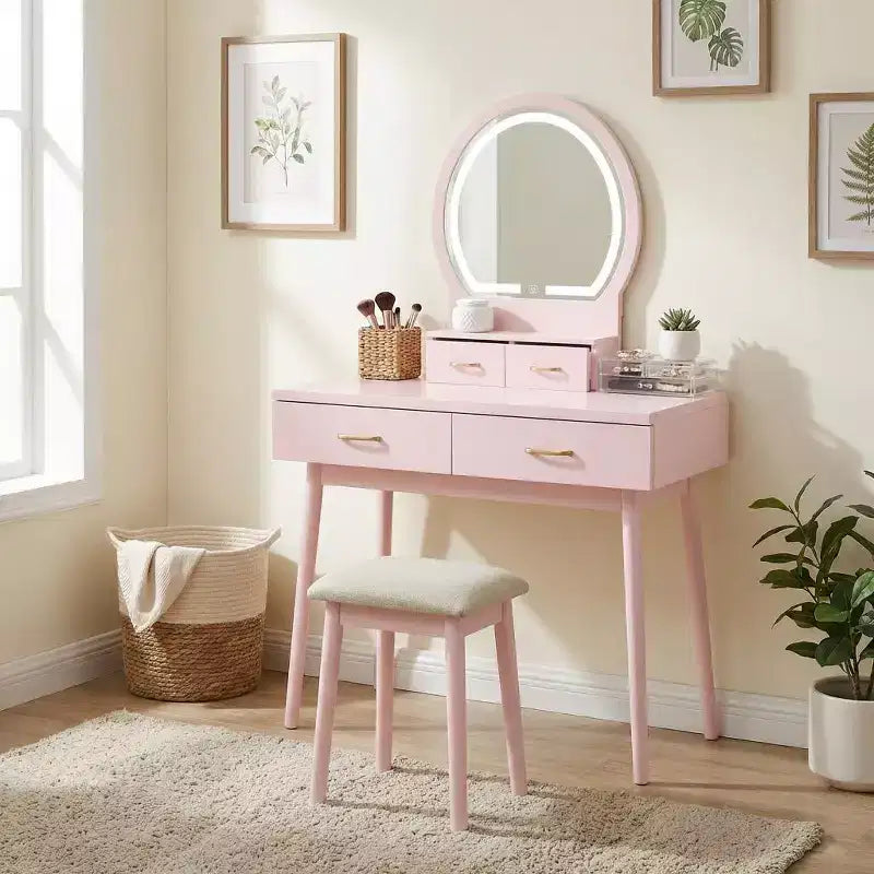Coiffeuse moderne en bois avec miroir lumineux LED, tiroirs de rangement et tabouret