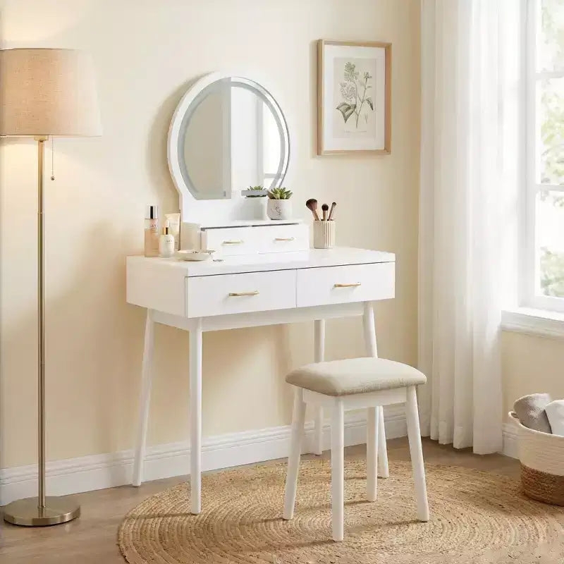 Coiffeuse moderne en bois avec miroir lumineux LED, tiroirs de rangement et tabouret