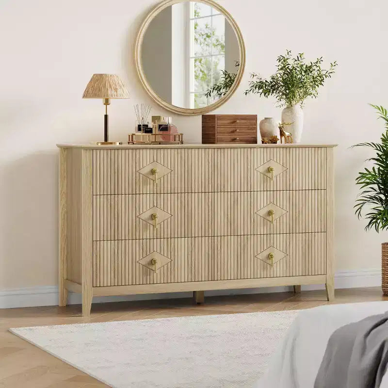 Commode à 6 tiroirs, commode moderne avec poignées en métal pour rangement de chambre à coucher